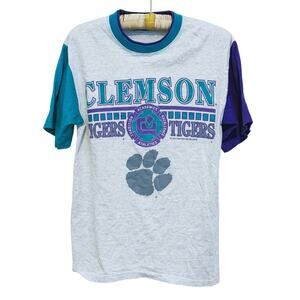 VTG 1990s Clemson Tigers Retro Graphic T-Shirt Medium Teal Purple Rare Colorway
